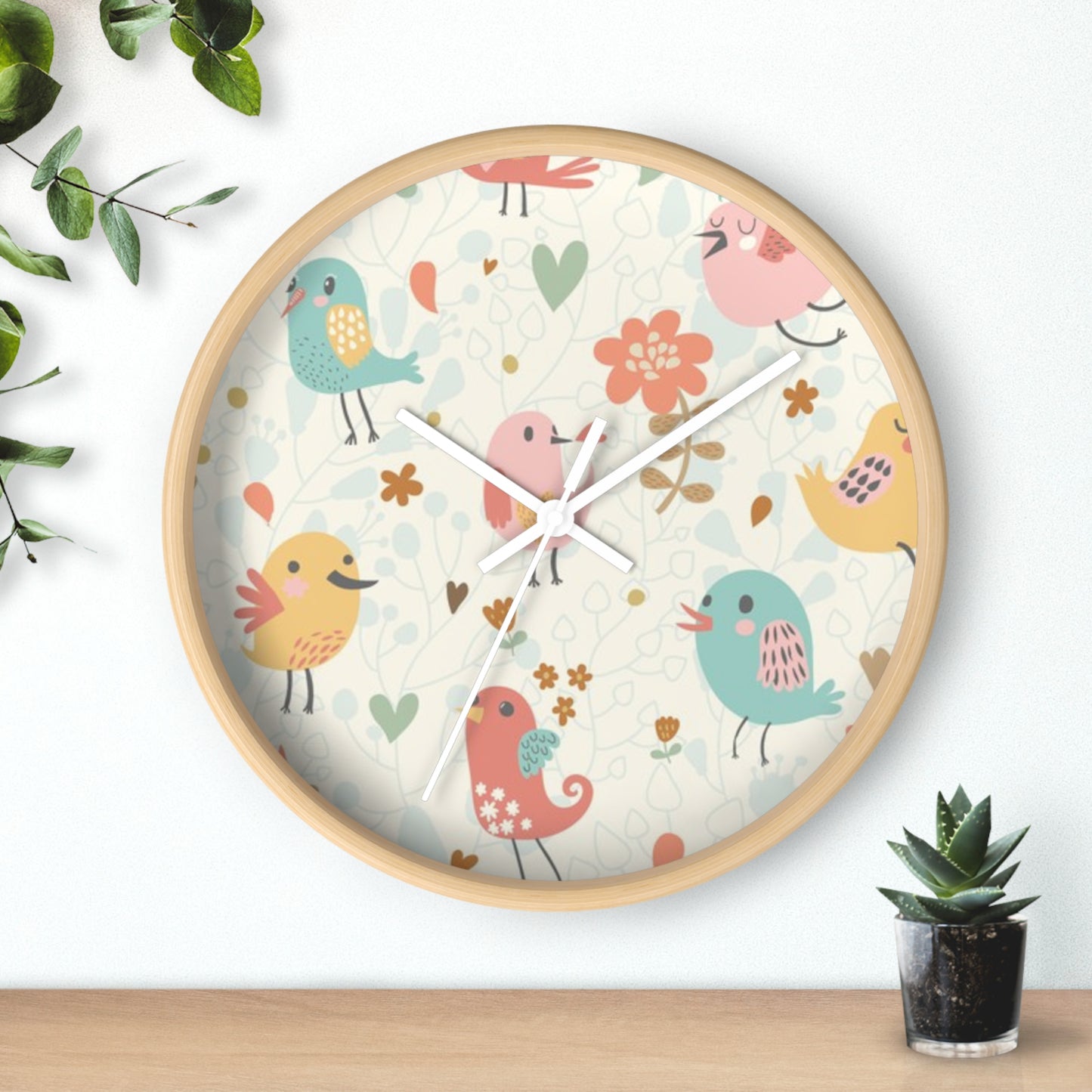 Whimsical Bird-patterned Wall Clock, Cute Home Decor, Kids Room, Gift for Bird Lovers, Unique Wall Art