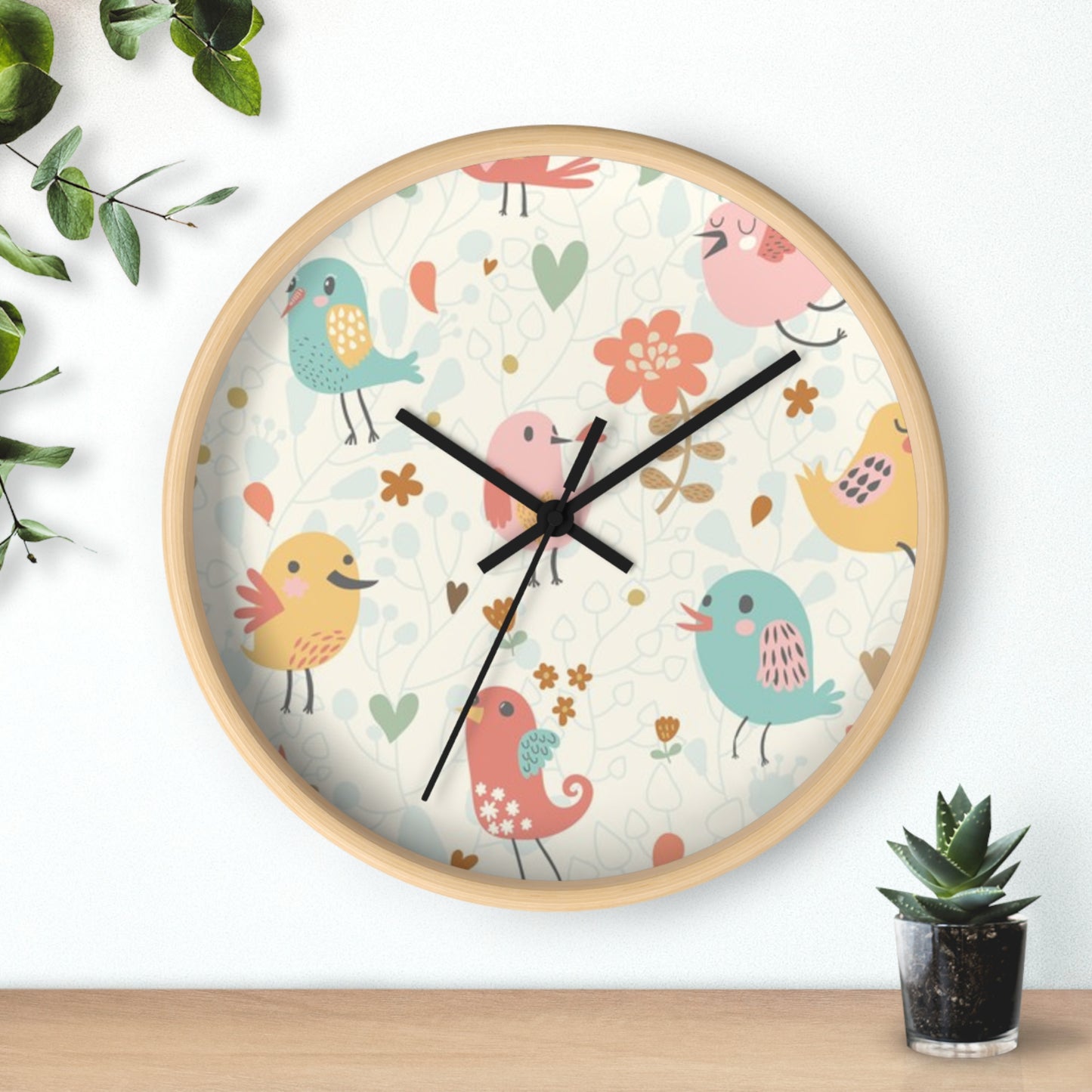 Whimsical Bird-patterned Wall Clock, Cute Home Decor, Kids Room, Gift for Bird Lovers, Unique Wall Art